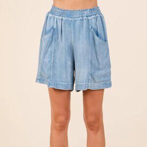 Mittoshop Washed Chambray Elastic Waist Easy Fit Shorts